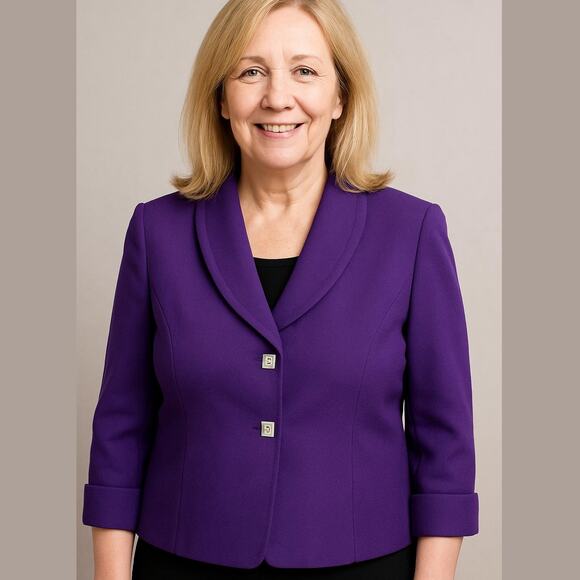 TAHARI ASL Purple Shawl Collar Locket Fasteners Classic Cropped Blazer Jacket 8 - Picture 1 of 13